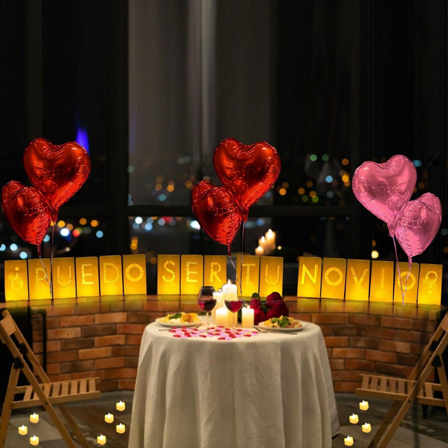 Puedo Ser Tu Novio? Lighted Letters Sign 17Pcs Luminary Paper Bags 2200Pcs Red Pink Artificial Rose Petals 48Pcs Flameless Led Candle Tealight 15Pcs Heart Balloons Romantic Night ValentineS Day