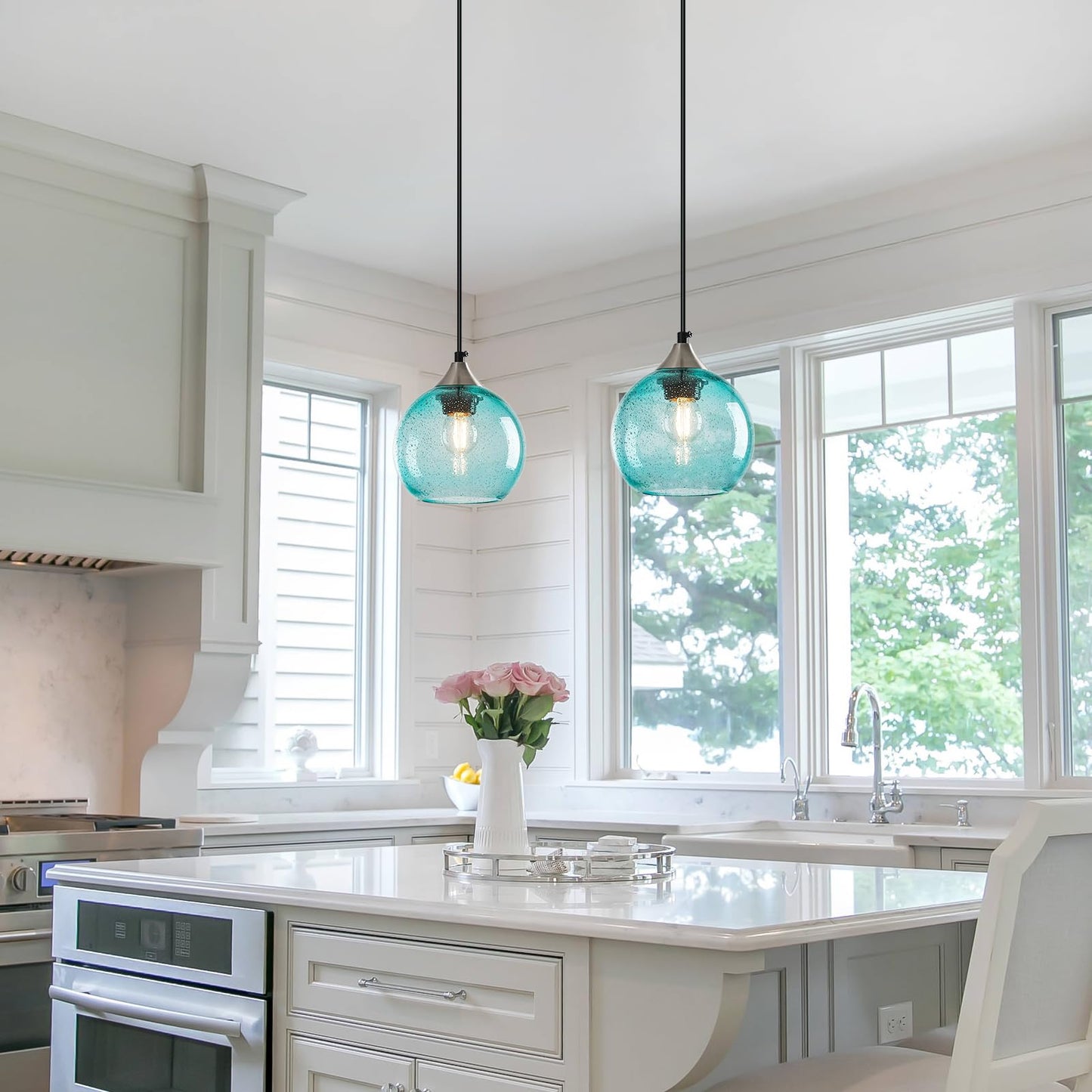 Lbsqj Light Blue Glass Pendant Lights Kitchen Island Globe Pendant Light Fixtures Modern Pendant Lighting For Bedroom Living Dining Room Light Fixture (5.9 In  1 Pack)