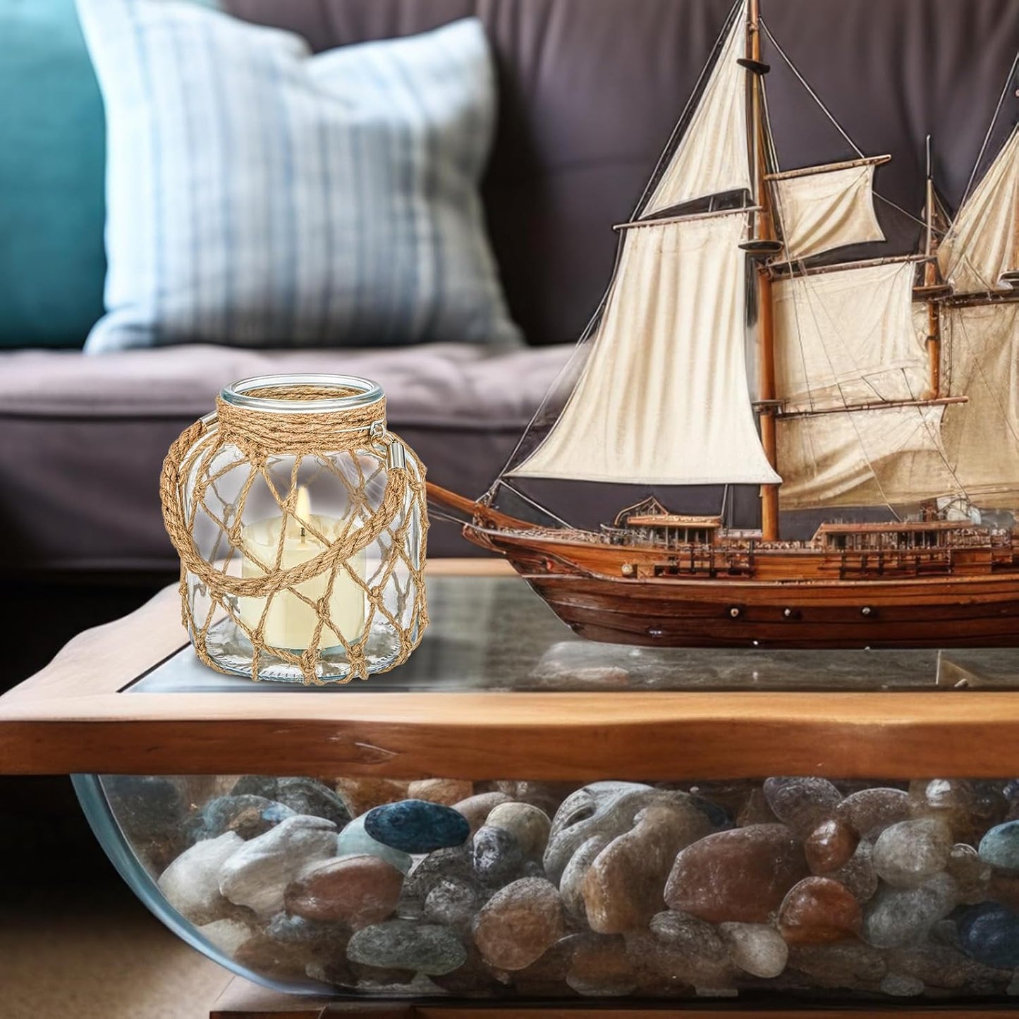 2 Set Nautical Candle Lantern with Rope Handle Coastal Glass Jar Battery Operated LED Flameless Lantern for Room Party Sea Beach House Table Centerpieces Decoration 5.5" x 5.5" x 6.3"