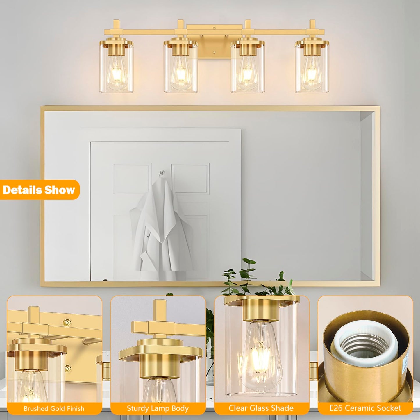 Spiglamm 4-Lights Bathroom Vanity Light, Brushed Gold, Glass Shades, Model BG-Wall-4