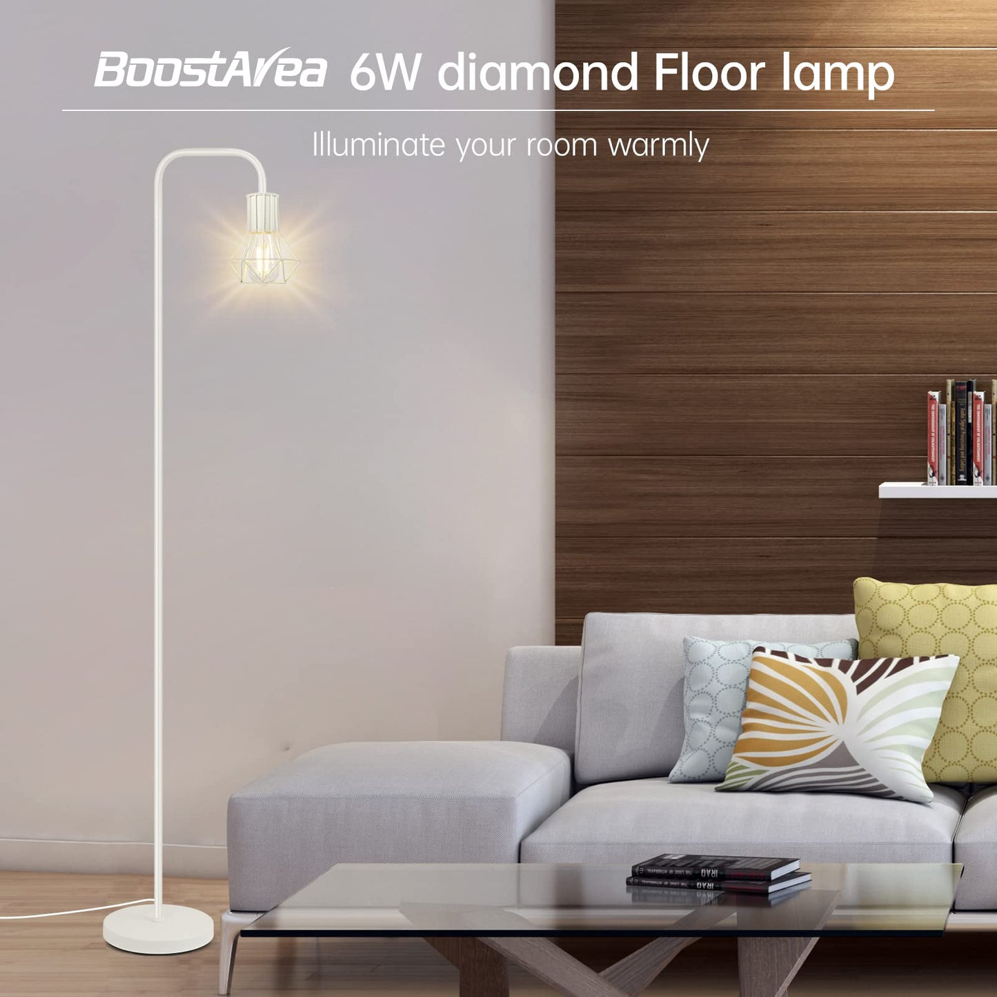 BoostArea Industrial Floor Lamp, 6W Metal Diamond Lamp, E26 Socket, Footswitch, Medium Size, White, Model B1224