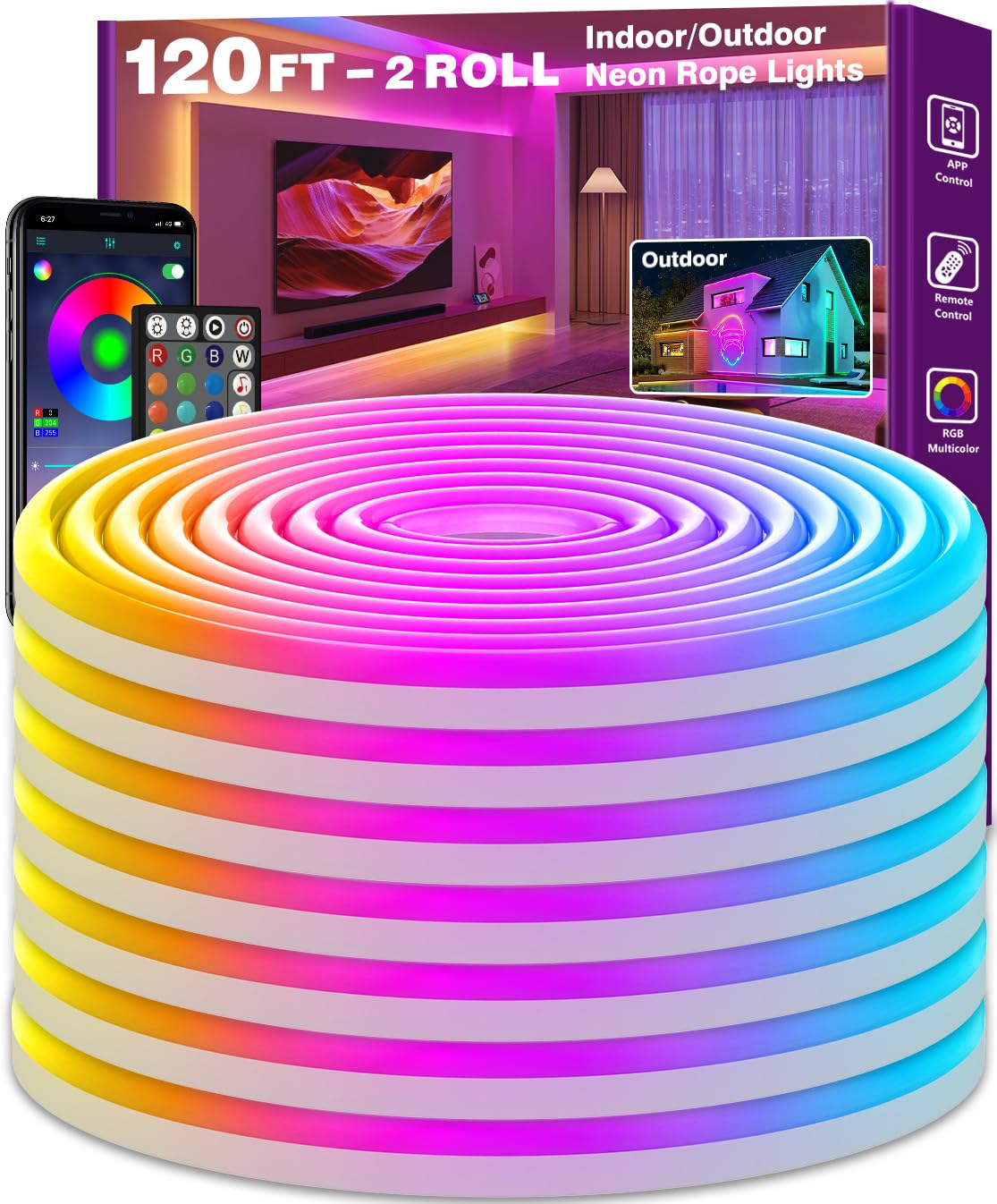 SINLEY LED Neon Rope Lights, 120FT, RGB Waterproof Flexible Strip, Music Sync, App/Remote Control, Indoor/Outdoor Use