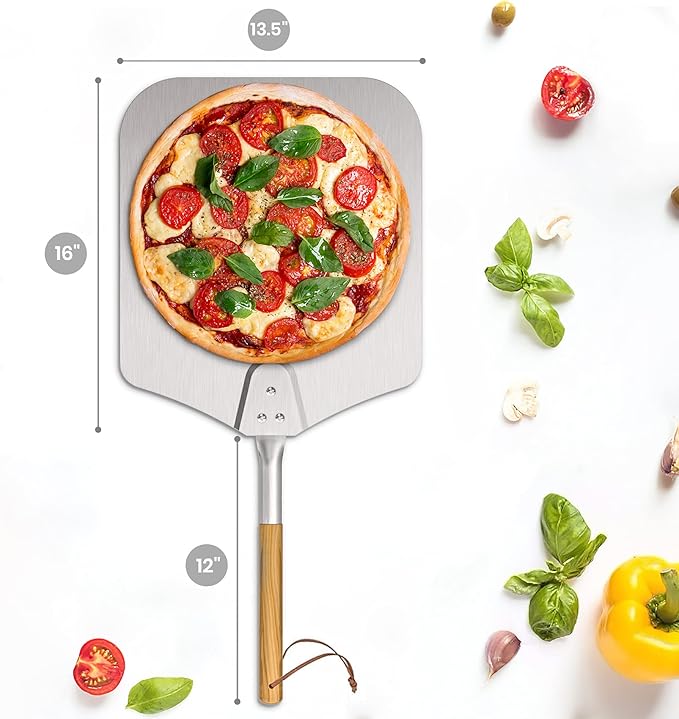onlyfire 28" Long Metal Pizza Peel with Wooden Handle for Indoor & Outdoor Grill Oven, 13.5 x 16 inch Pizza Baking Spatula Paddle for Baking Bread Pie