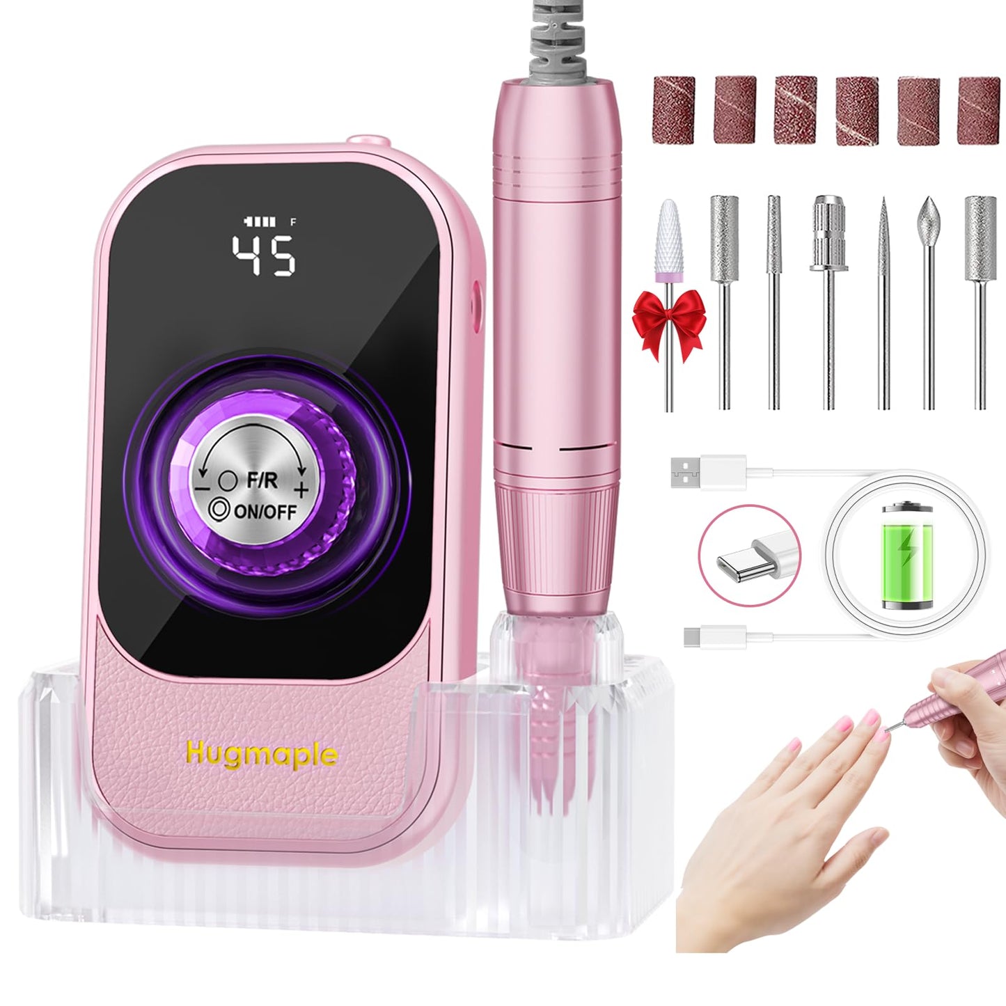 Professional Electric Nail Drill File, HUGMAPLE 45000RPM Portable E-File Machine with Bits & Base, Rechargeable Cordless Nail Dr