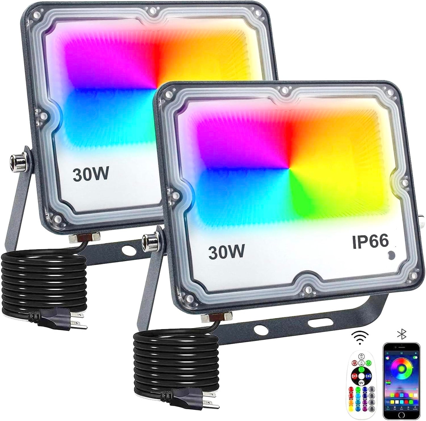 Indmird RGB Flood Lights, 300W Equivalent, App & Remote Control, IP66 Waterproof, 30W 2 Pack, Gray, Model CHX-FL-A-30W
