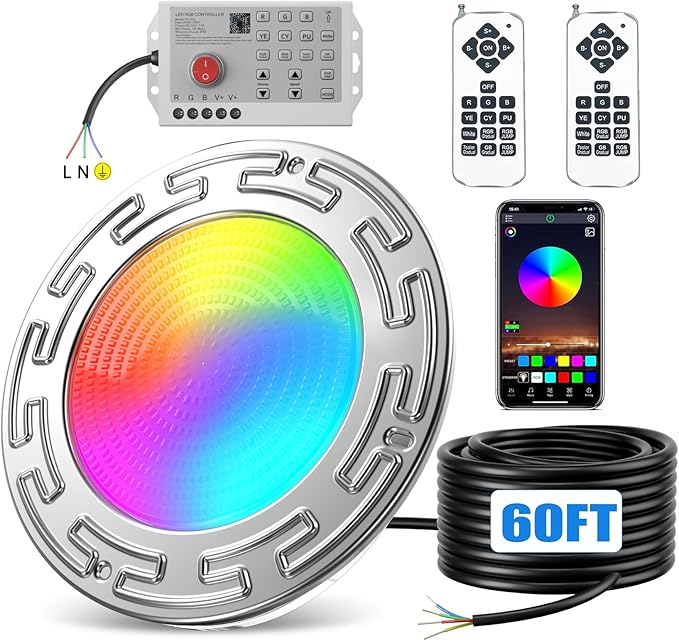 60FT 6Inch Pool/Spa Lights for Inground Pool, 20W LED Inground Pool Light with APP, Remote and Controller Control, Color Changing Underwater Swimming Pool Lights for Wet Niche
