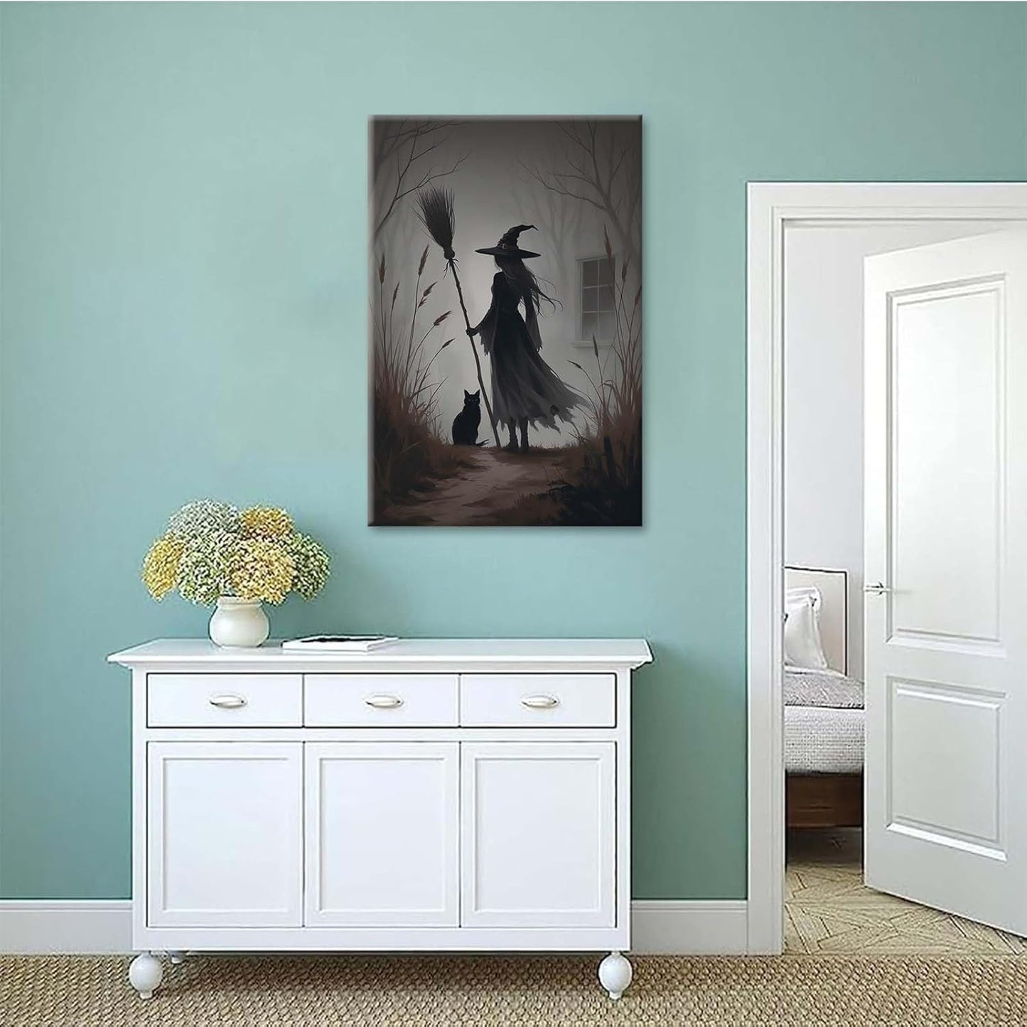 Vintage forest witch and black cat poster Halloween mural poster decoration mural art magic suitable for home living room bedroom20x30in Wood Framed
