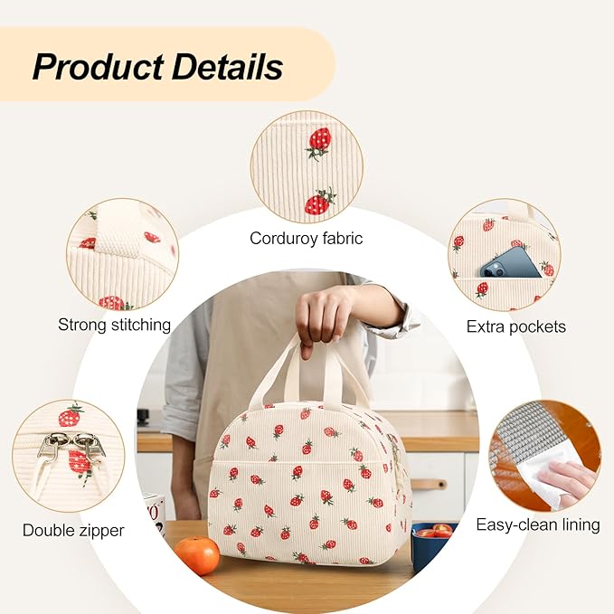 Lunch Box for Women,Cute Corduroy Lunch Tote Bag,Reusable Insulated Lunch Box,Large Capacity Cooler Bag with Compartments for Work, Picnics or Travelling