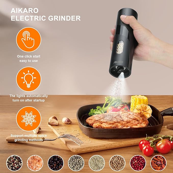 AIKARO - Electric Salt and Pepper Mill Automatic Spice Grinder, Battery Operated