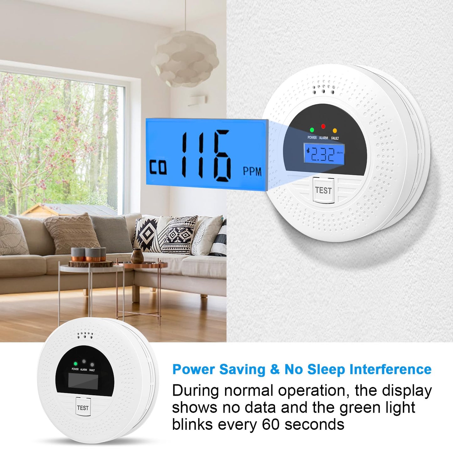 2-Pack, Smoke Alarm and Carbon Monoxide Detector, Carbon Monoxide and Smoke Detectors with LCD Display, Battery Powered, Easy to Install