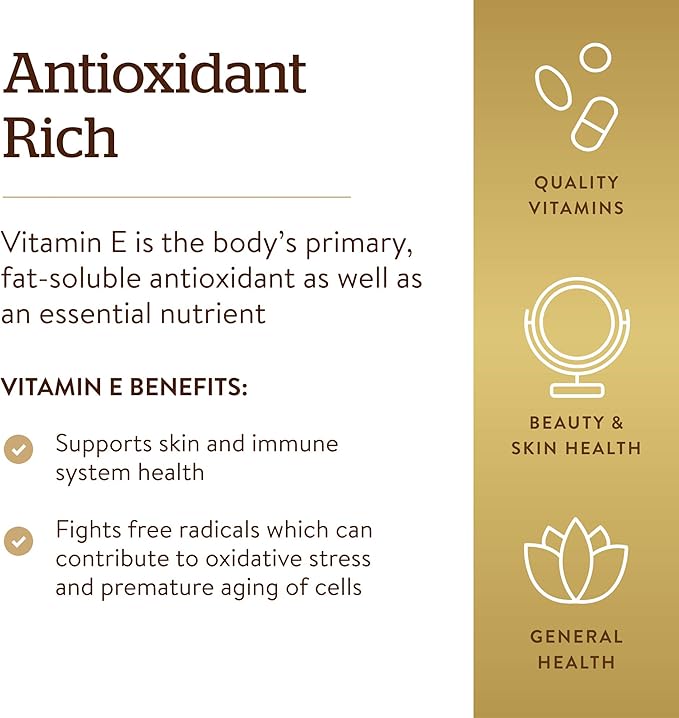 Solgar Vitamin E 670 mg (1000 IU), 100 Softgels - Natural Antioxidant, Skin & Immune System Support - Naturally-Sourced Vitamin E - Gluten Free, Dairy Free - 180 Servings