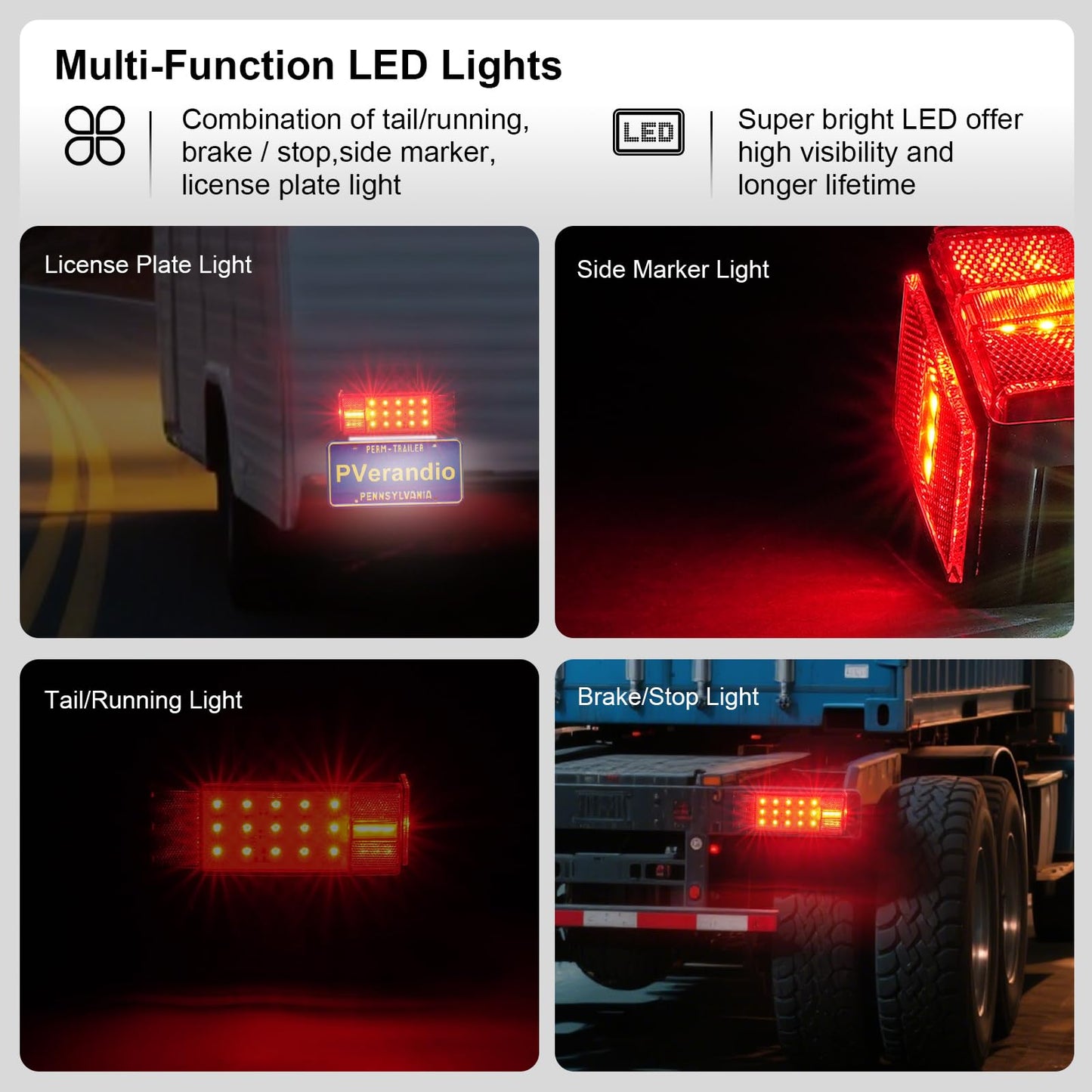 PVerandio LED Trailer Lights Kit, Rectangular Submersible Brake Stop Turn Tail Lights, 29FT Wiring Harness, Red, Model PV3021KIT