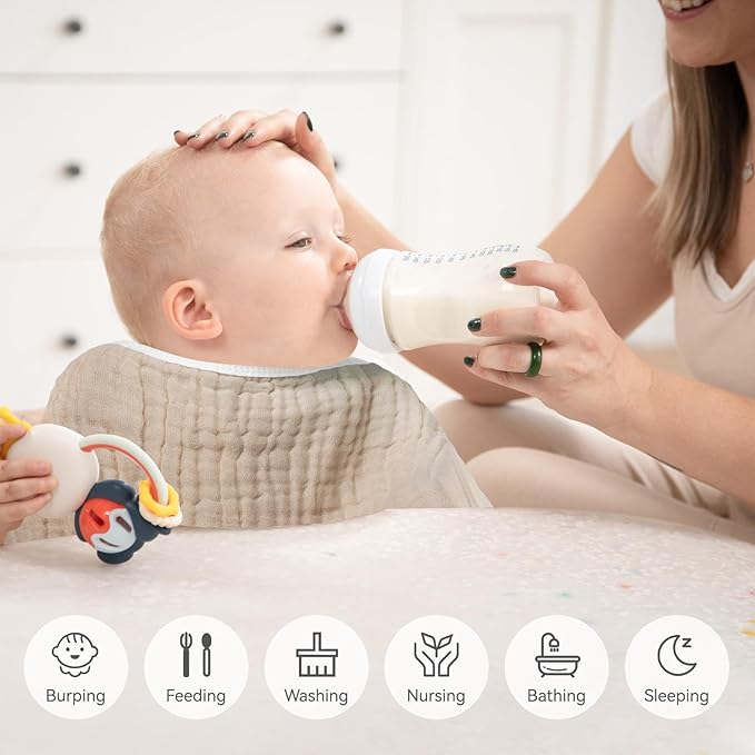Synrroe Burp Cloths Large, Muslin Burp Cloths for Baby Girls and Boys, Pack of 4 Extra Absorbent and Soft Muslin Bibs, 6 Layers 20 by 10 Inches 100% Cotton (White and Brown 4 Pack)