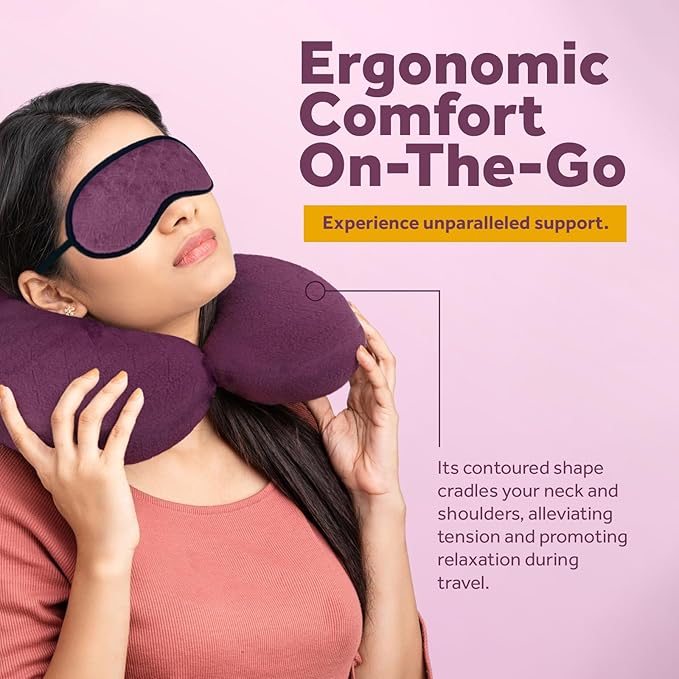 Pursonic Memory Foam Neck Pillow with Eye Mask - Ergonomic Travel Pillow, Breathable Fabric, Compact & Portable, Available in Purple, Teal, Grey (Purple)