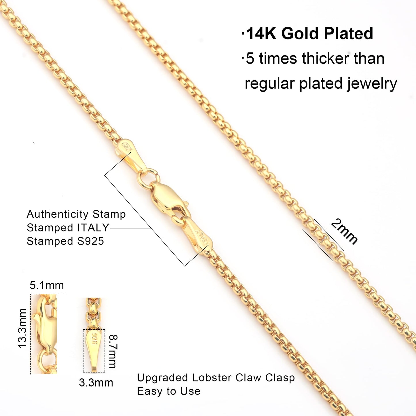 Waitsoul 925 Sterling Silver Box Chain Lobster Clasp 2mm 14K Gold Plated Chain for Women Men 14K Gold Plated Necklace Chain 16-3