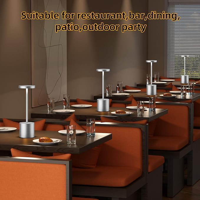 Cordless Table Lamps Rechargeable - Outdoor Waterproof LED Table Light Portable 5000mAh Battery Operated Lamp 3 Color Stepless Dimming with Memory Function for Restaurant Dining Patio (Silver)