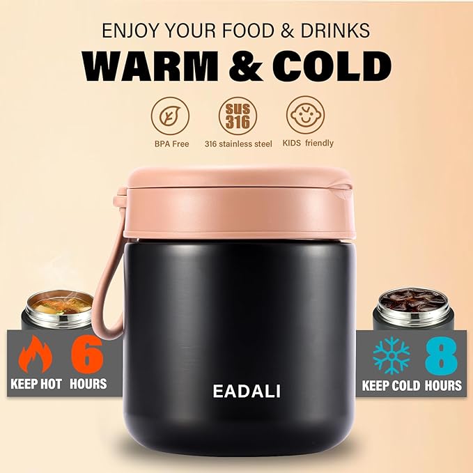 Eadali 15.2 oz Thermo Food Jar for Kids & Adults, Vacuum Insulated Lunch Container 316 Stainless Steel, Hot & Cold Soup Jar with Spoon, BPA Free & Leak Proof