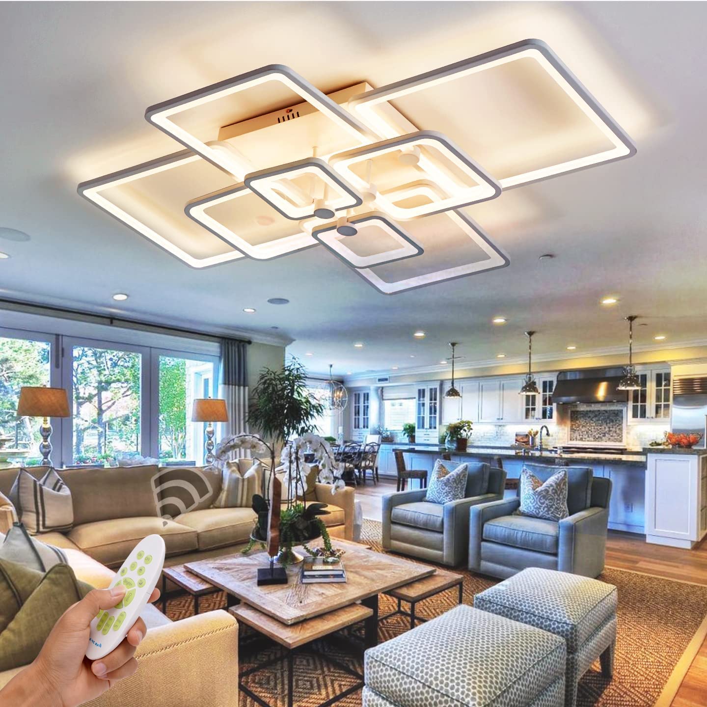 HiHiHomy Modern LED Ceiling Light Fixture, Dimmable 120W, 41.7in, 8 Lights, White, Model FK001
