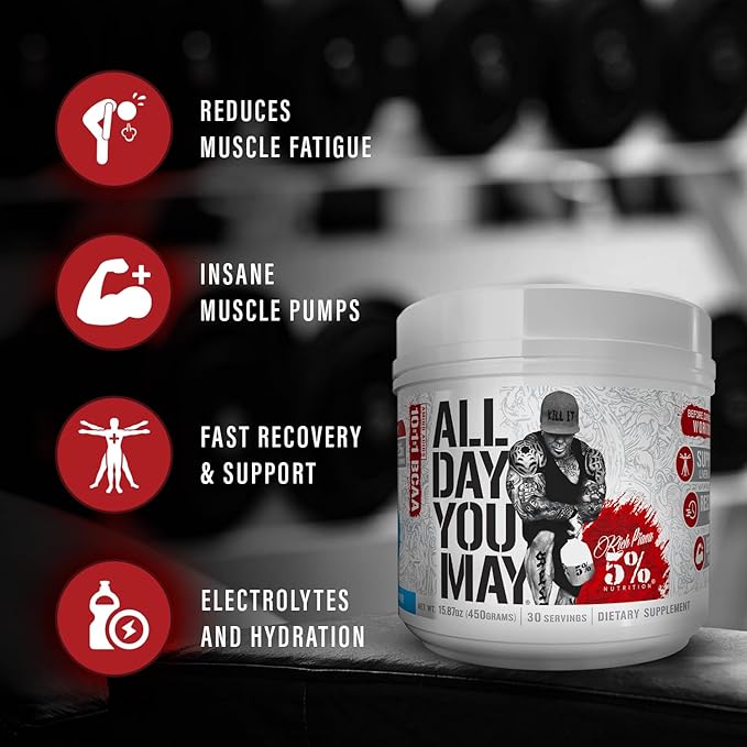 5% Nutrition Rich Piana AllDayYouMay BCAA Powder | Premium Intra & Post Workout Amino Acids, Hydration, Endurance, Muscle Recovery, Joint & Liver Support | 15.87 oz, 30 Servings (Push Pop)