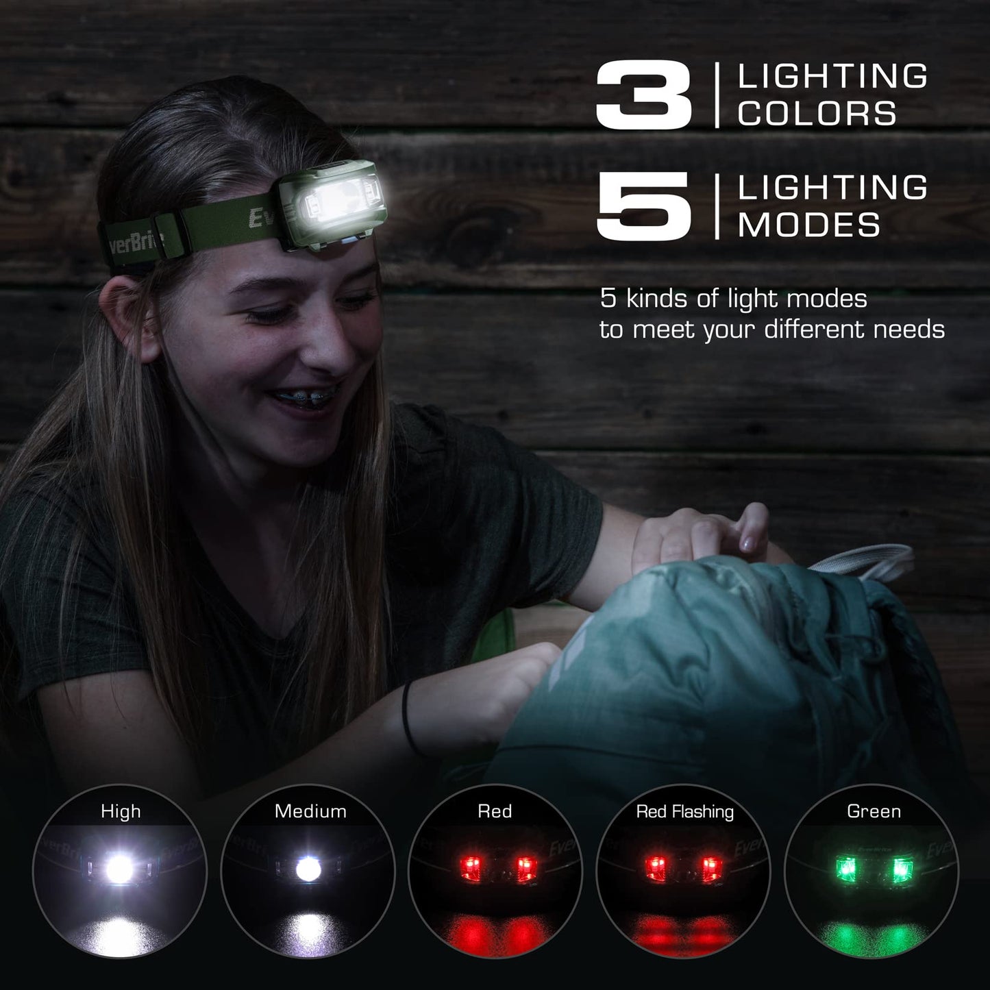 EverBrite Headlamp 2 Pack, Adjustable Kids Headlamp with Red Light, 5 Modes, Green, Model E001019, Batteries Included