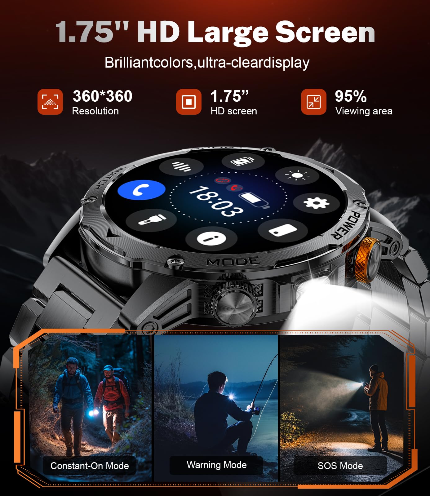 BENYAR SMART Military Smart Watches for Men(3 Bands),1000mAh/1.75" HD Large Screen Smartwatch, Flashlight/110+ Sports Modes/IP68 Waterproof/Sleep Monitor Fitness Tracker Watch for Android IOS,Gunmetal
