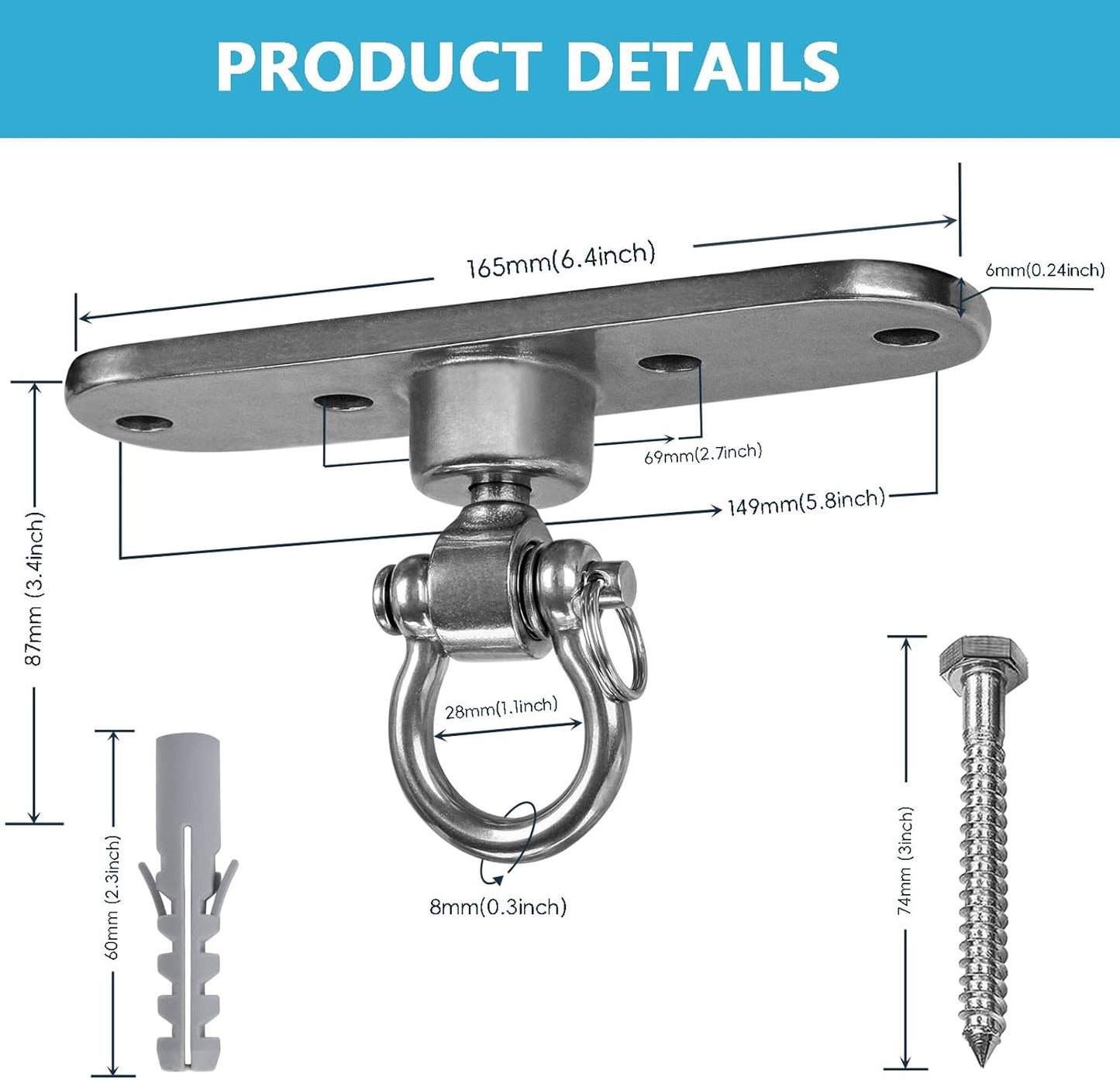2 of Heavy Duty Stainless Swing Hanger with Smooth Swing Bearings 180°+360°, 1500 lb Capacity for Indoor Outdoor Playground Yoga Hammock Chair Sandbag Porch Swing Bag