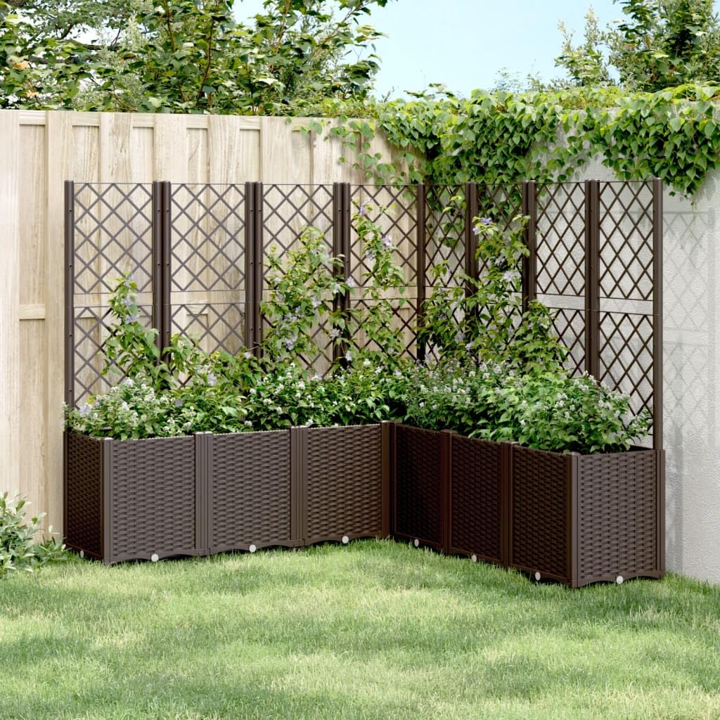 Foknhdi Brown 63 x 63 x 55 in Outdoor Garden Planter with Trellis, Modular Polypropylene Raised Bed for Climbing Plants, UV Stable Flower Box for Patio Balcony Terrace