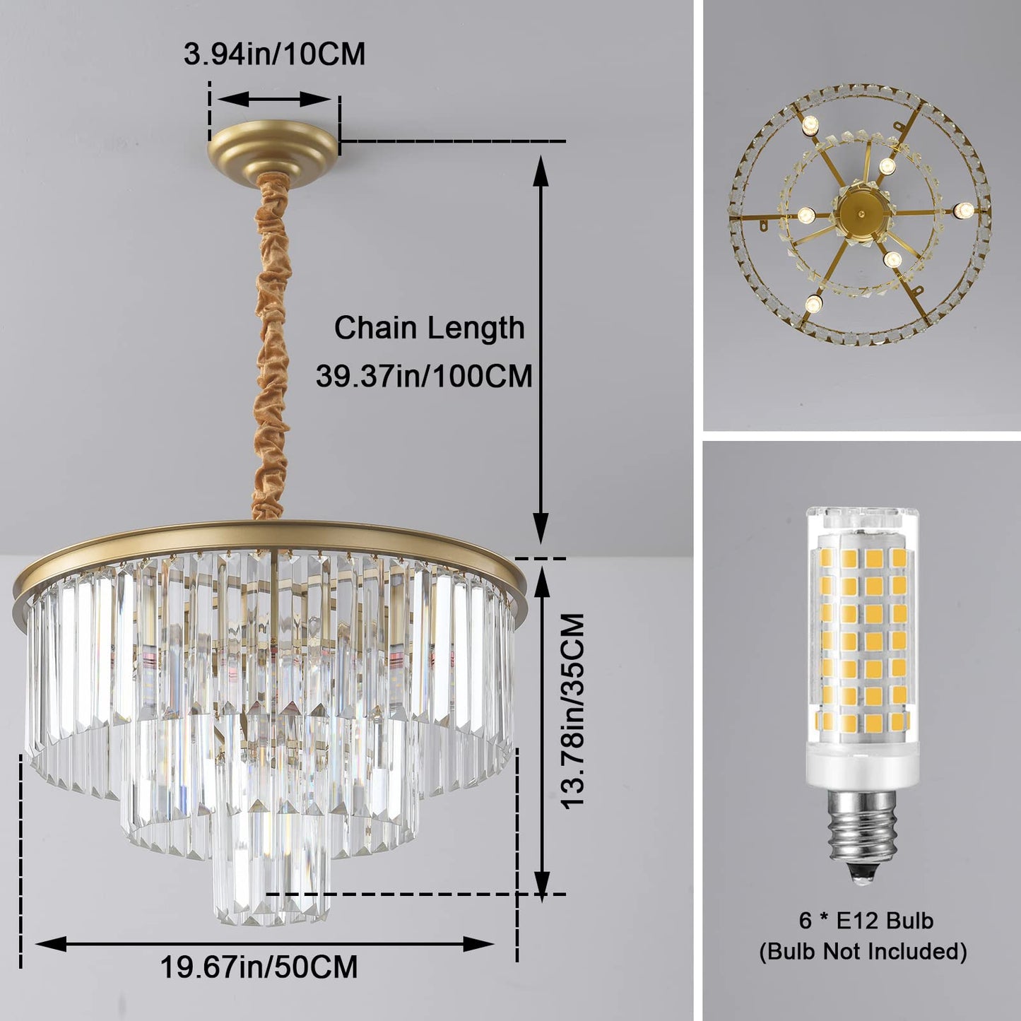 Laiuetai Gold Modern Crystal Chandelier  3-Tier Round Flush Mount Ceiling Light Fixtures Height Adjustable Pendant Lighting For Dining Room Living Room Bedroom Kitchen Hotel Foyer