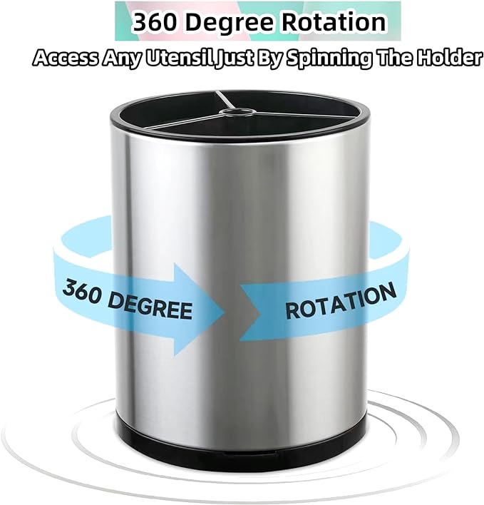 Kitchen Utensil Holder Extra Large 360°Rotating For Counter Organizer Stainless Steel Storage Cooking Silverware Caddy 3 Compartment Flatware Spoon Spatula Tool Cutlery Container（Silvery）
