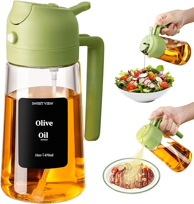 16oz/470ml Oil Dispenser and Oil Sprayer, Glass Olive Oil Pourer for Kitchen, Air Fryer, Cooking, Salad, BBQ(Green)