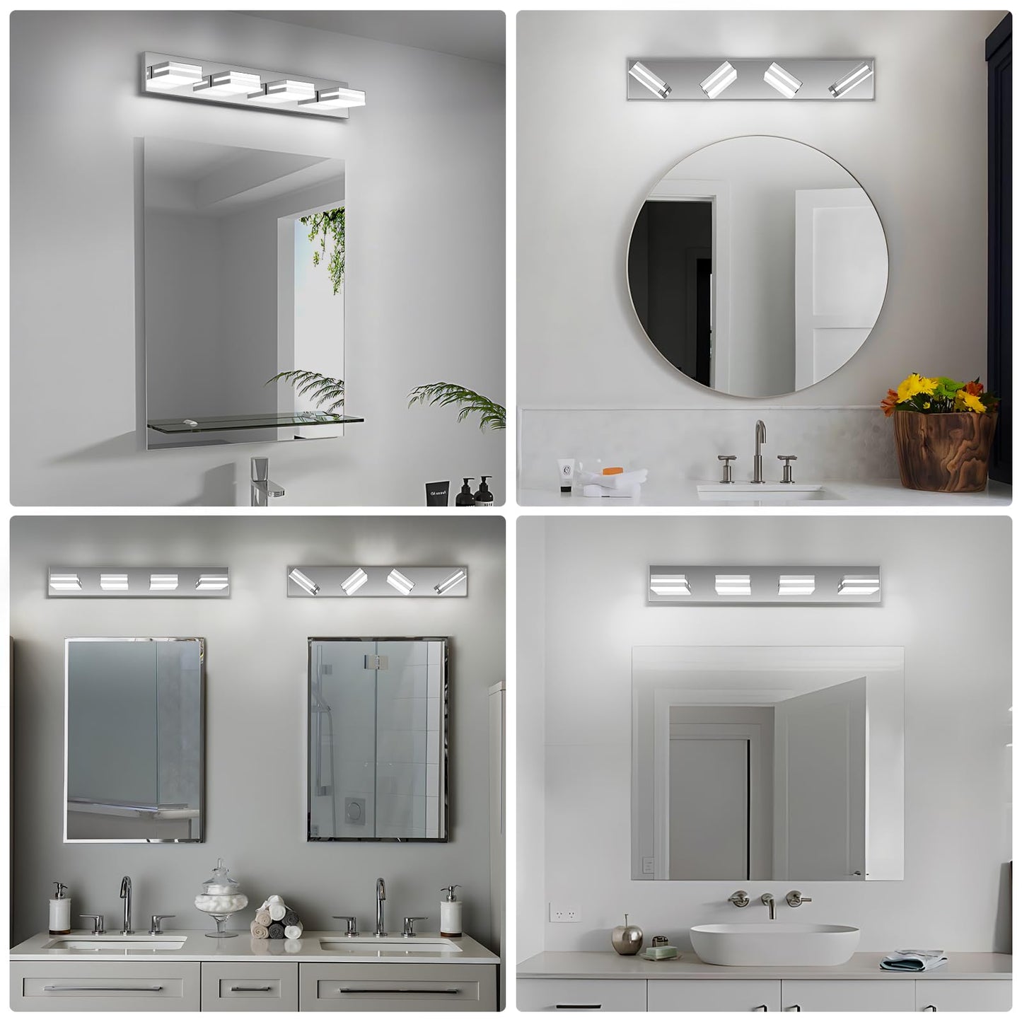 Jzekvn Modern Led Bathroom Lights Fixtures(4-Light) Stainless Steel Chrome Acrylic Wall Lighting Vanity Lights For Bathroom Over Mirror(6000K 27In