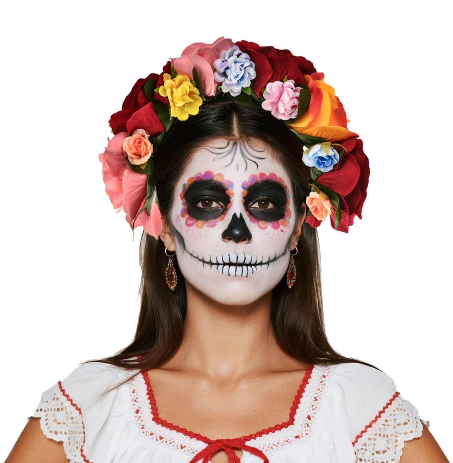 June Bloomy Mexican Flower Headband Halloween Cinco De Mayo Party Costume Day of The Dead Headpiece(SF-Red Pink Orange)