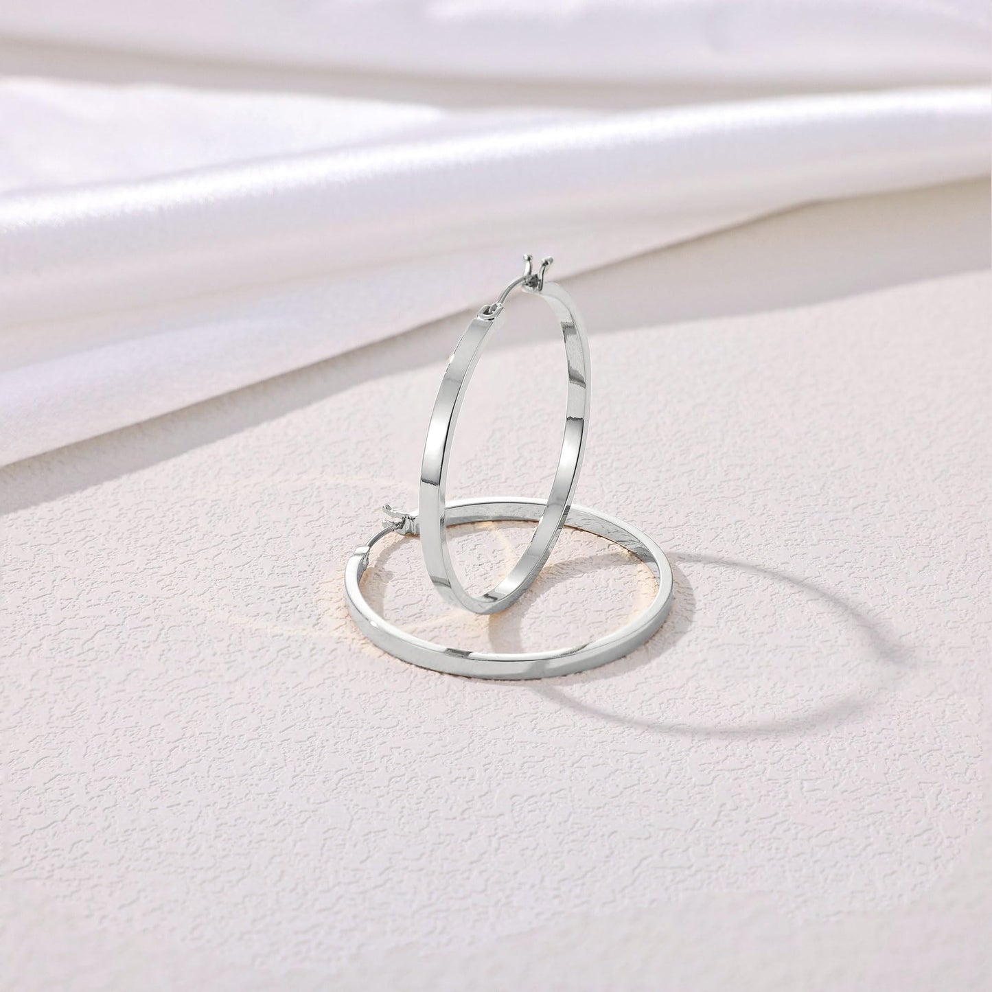 Gacimy Silver Hoop Earrings for Women, 14K White Gold Plated Flatted Hoops with 925 Sterling Silver Post, 40mm Medium Earrings f