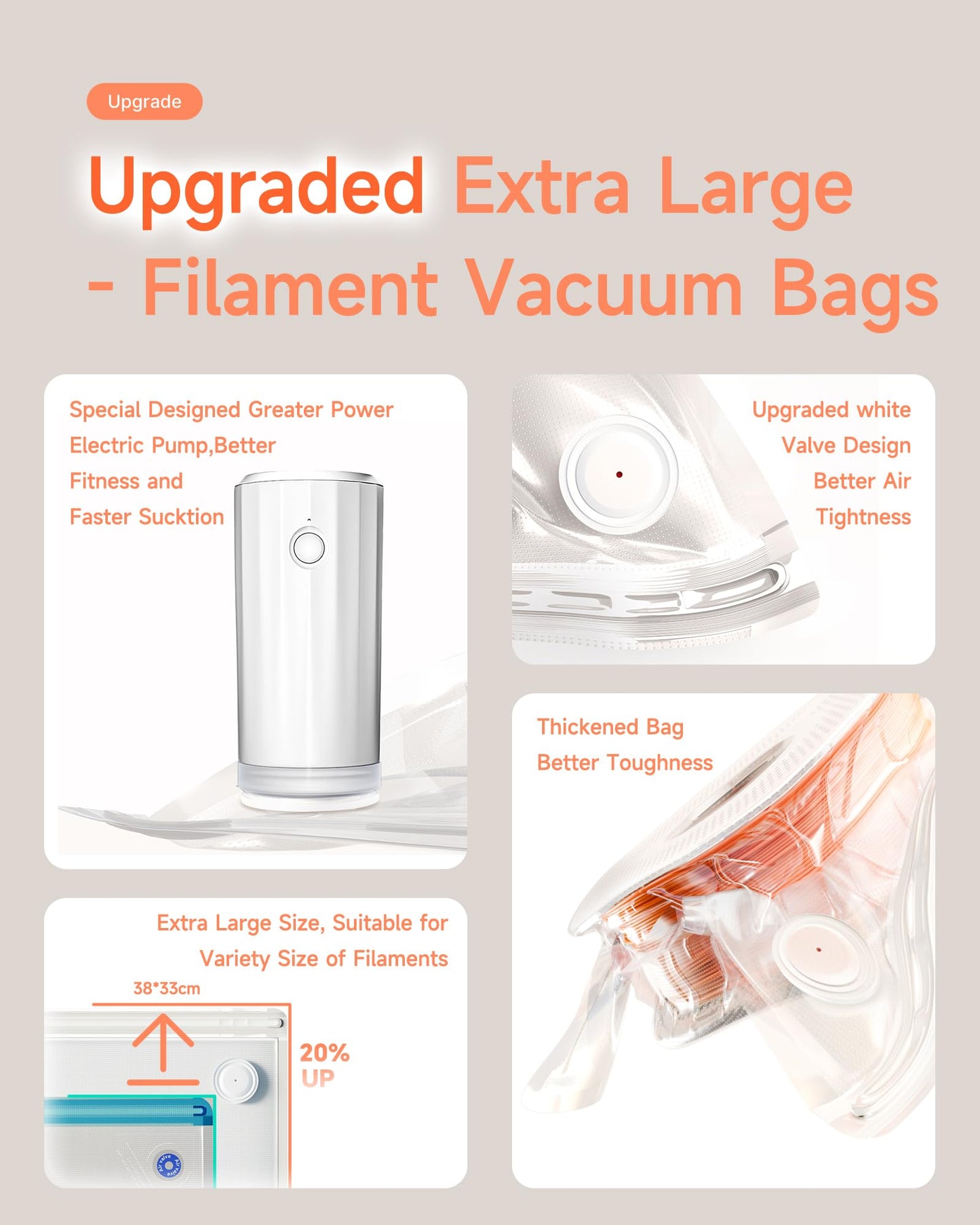 Filament Storage Bags with Auto Pump - Upgraded 30 Extra Large Filament Bags (14.9 * 13 inch) Plus 30 Desiccants and 5 Clips - Extra Large Filament Vacuum Bags Designed for Bambulab Reusable Spool