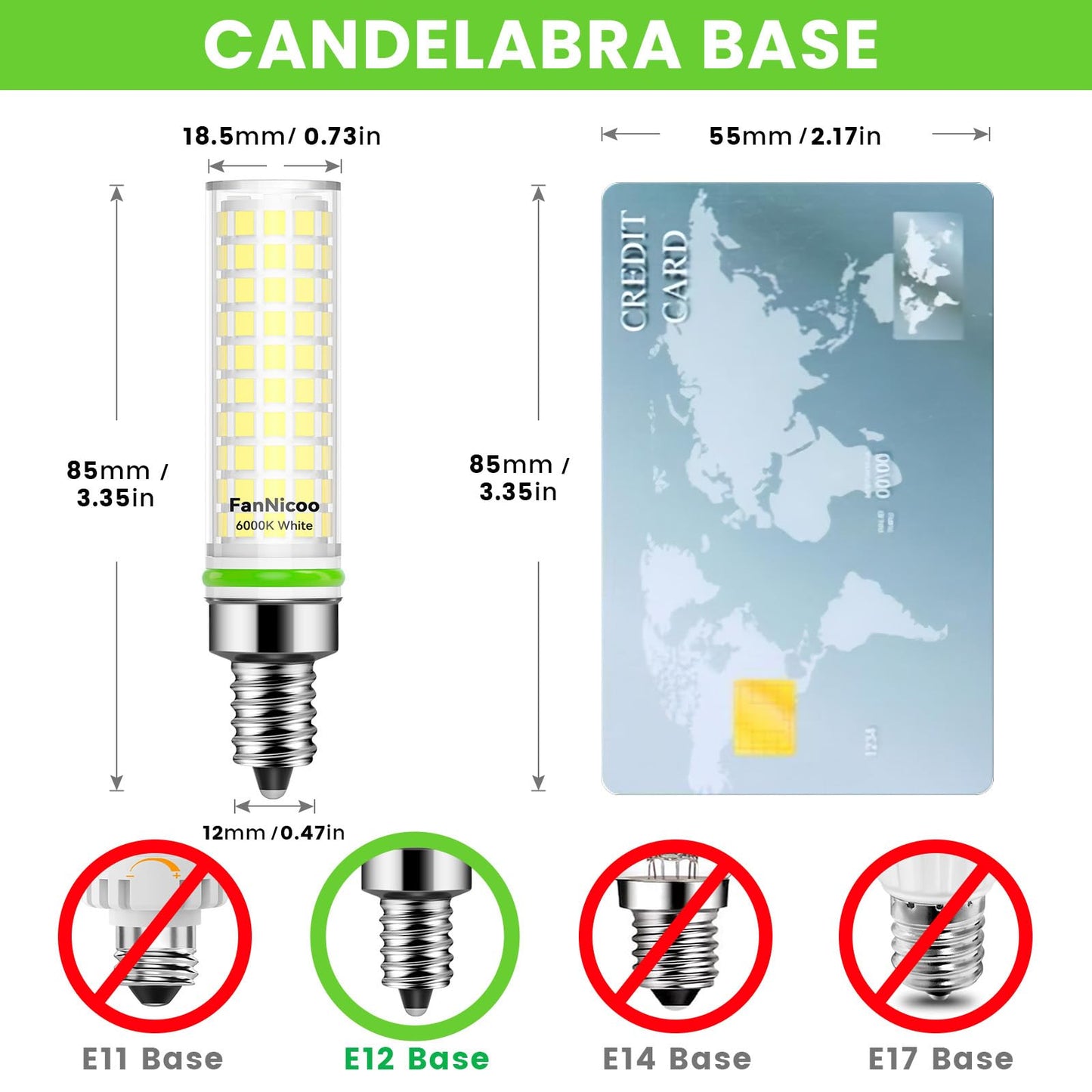 Fannicoo E12 Led Bulb 100W Equivalent 1200Lm 6000K Led Candelabra Bulbs Cool Daylight White 10W T6 C7 Candle Light Bulbs For Ceiling Fan Pendant Lighting Salt Lamp Non-Dimmable(5Pack)
