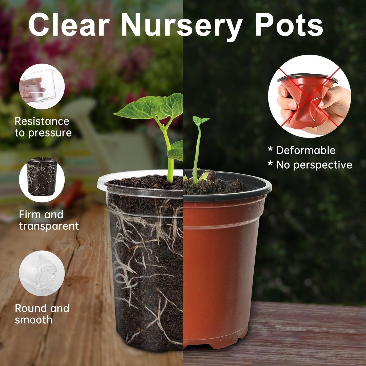 WandaQueen 30 Packs 5 Inch Reinforced Clear Nursery Pots for Plants with Drainage Holes, High Transparency Plastic Seedling Plant Pot with 20 Labels