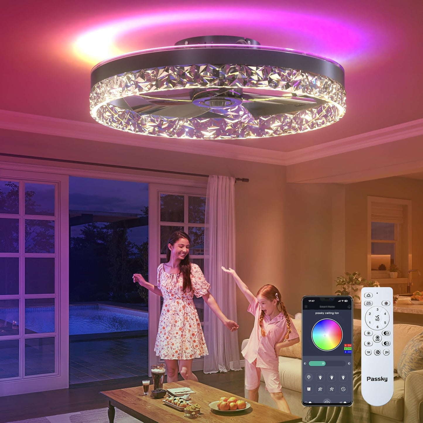 Passky RGB Flush Mount Ceiling Fan with Light, 19.7in  cutting edgeless, APP & Remote Control, Black, Model NFM0201081