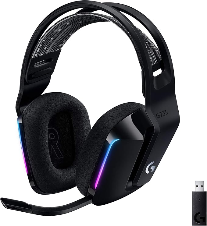 Logitech G733 Lightspeed Wireless Gaming Headset, Suspension Headband, Lightsync RGB, Blue VO!CE Mic, PRO-G Audio – Black,...