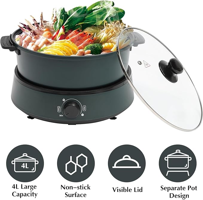 4L/4.2Qt Electric Hot Pot,Portable Electric Pan 1350W,Non-Stick Electric Skillet 1-5 People,Multi-Cooker for Parties, Barbecues,Camping,Travel (Green)
