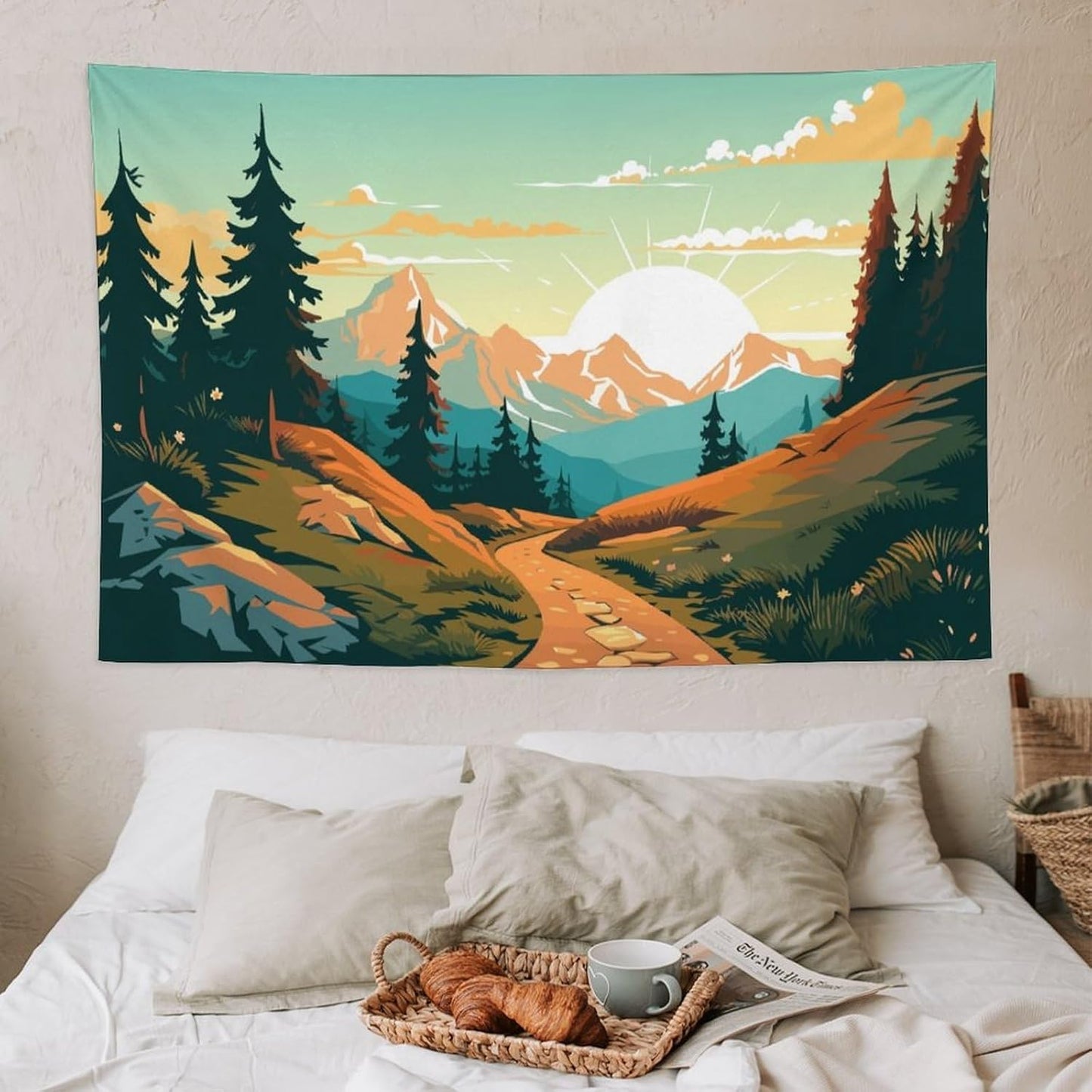 HZOHNAGO Mountain Tapestry Forest Mountain Sunrise Road Pattern Printed Wall Tapestry Wall Hanging for Bedroom Living Room Dorm 60" W x 40" H