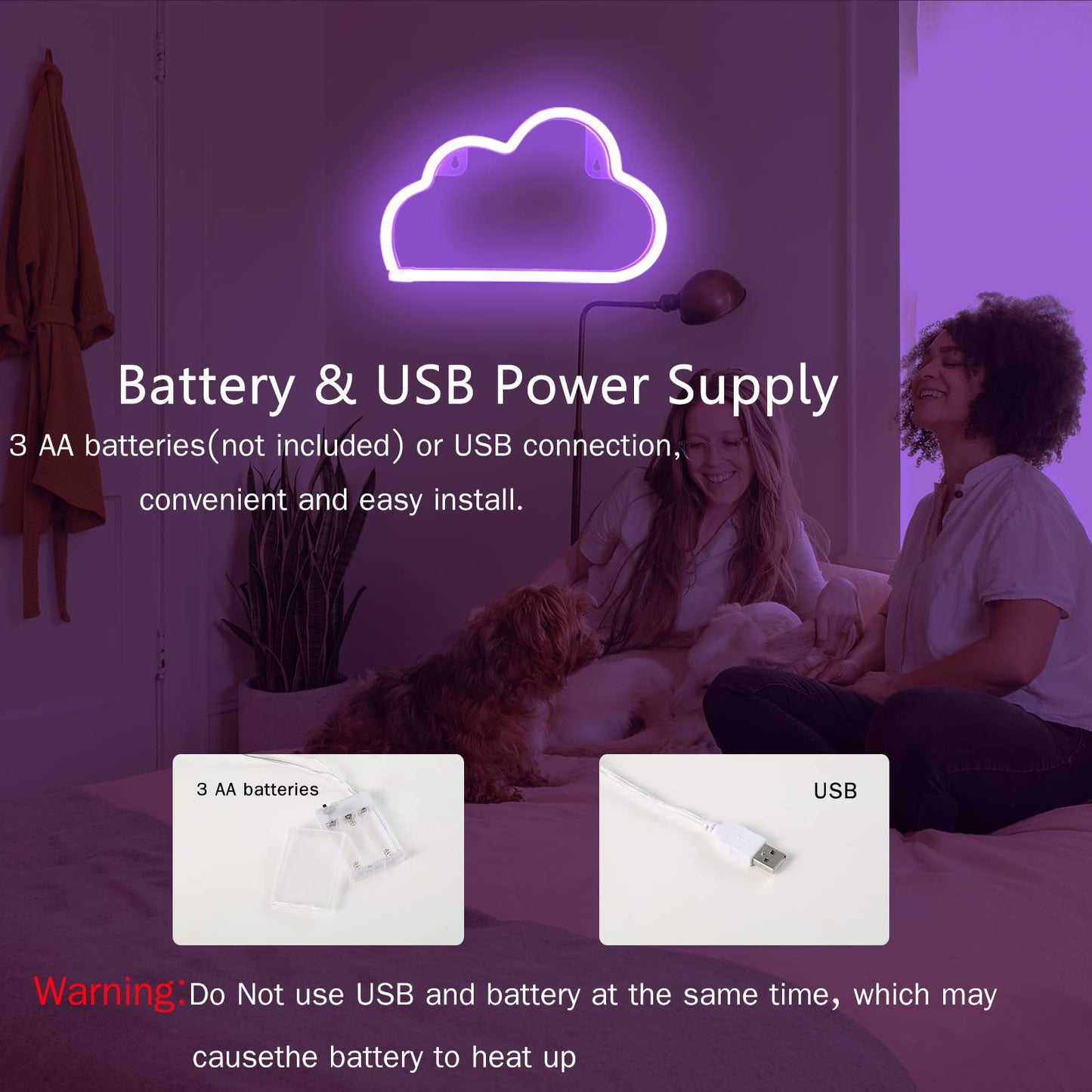 Bernicekelly Led Cloud Neon Sign - Purple Wall Decor, Battery/Usb Powered For Bedroom Aesthetic, Perfect For Kids Rooms And Parties