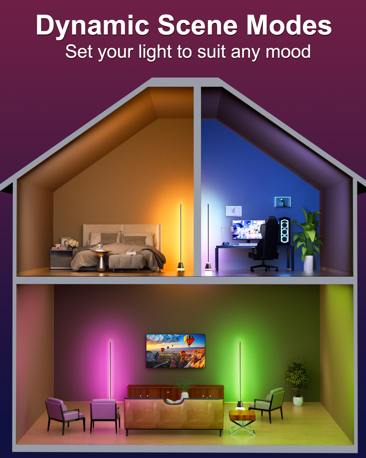 Keepsmile Smart RGB LED Floor Lamp, Music Sync, 16 Million Colors, Matte Black, Model HX-818, 2 Pack