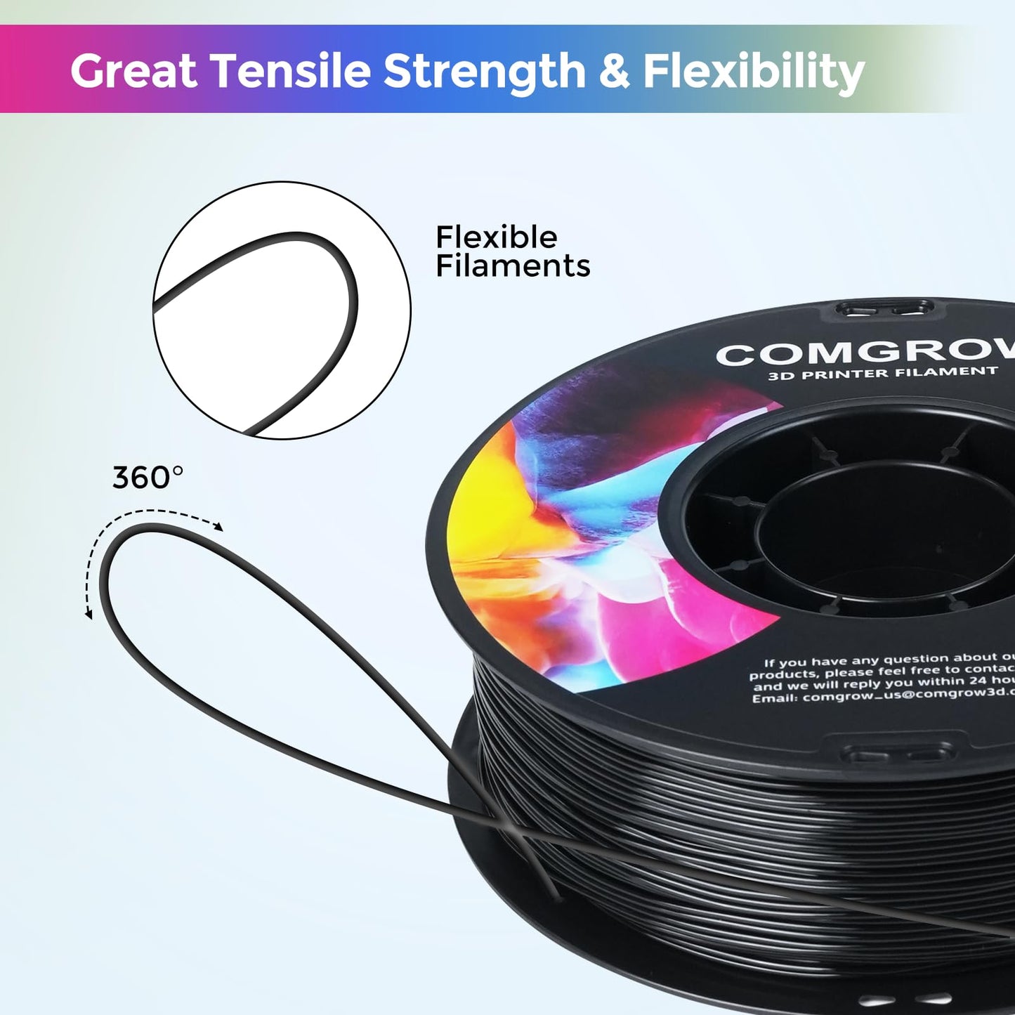 Comgrow TPU Filament, 1.75mm, 95A Soft TPU Flexible 3D Printer Filament Black 1kg (2.2lbs), Dimensional Accuracy +/- 0.02 mm, Fit Most FDM Printer