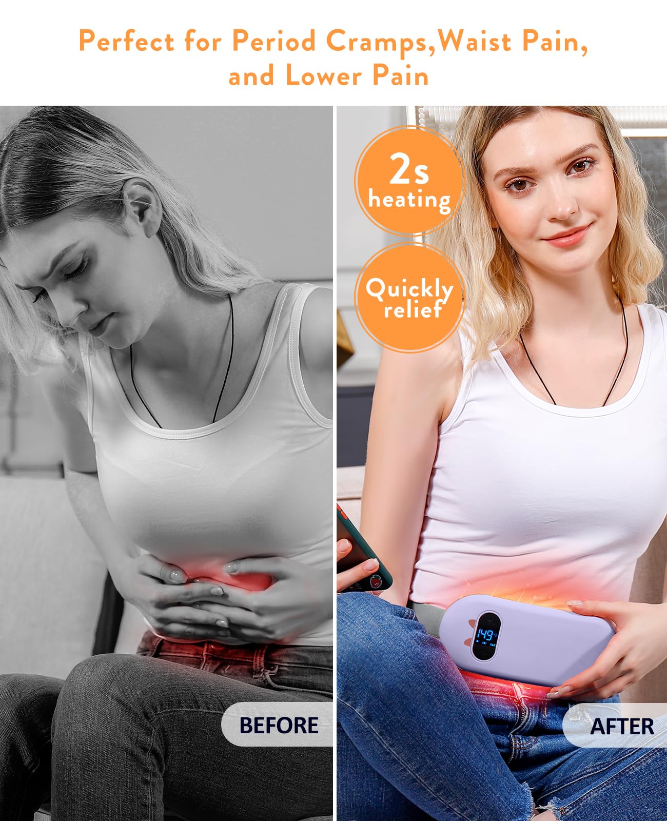 Portable Heating Pad for Period Cramps: Cordless Menstrual Heating Pad with 6 Heat Levels and 6 Massage Modes, 3s Fast Heating Gift for Women and Girl(Purple)