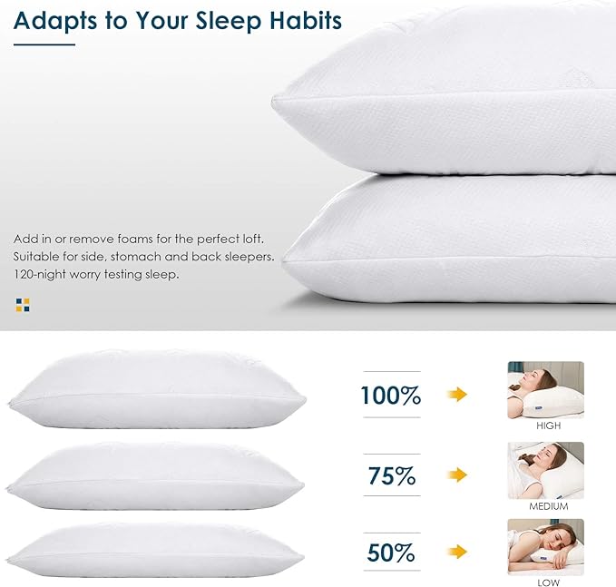 Cooling Bed Pillows for Sleeping 2 Pack, Shredded Memory Foam Pillows Queen Size Set of 2 - Adjustable Pillows for Side Back Sleepers with Cooling Washable Cover, Medium Firm Support Pillows