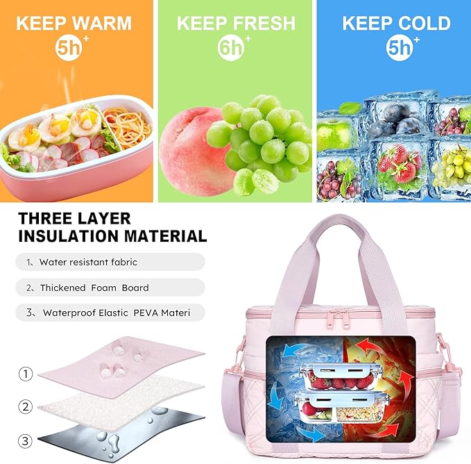 NOL Natural Organic Lifestyle Women's Nylon Lunch Cooler Cute Quilted Lunch Bag Large Leakproof Insulated Lunch Tote Bag for Work Picnic Travel,Pink