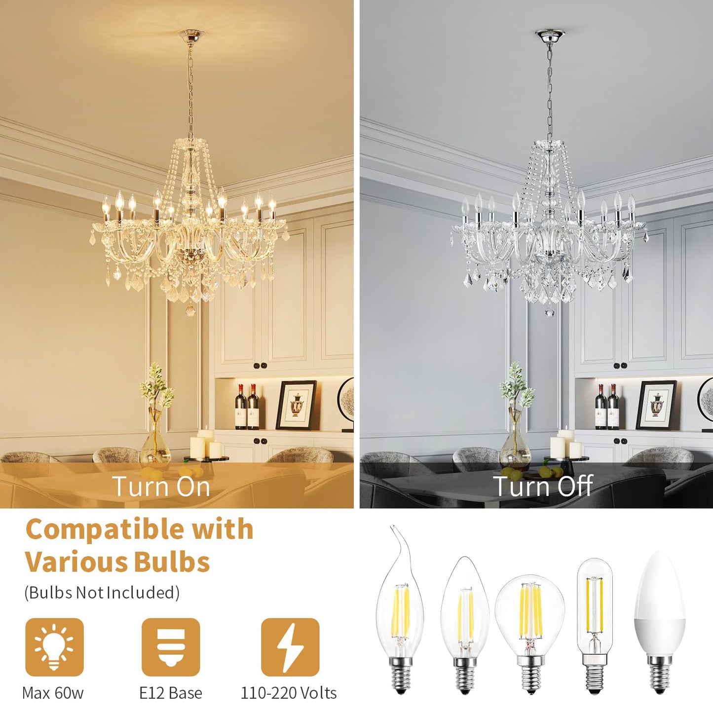 ANJIADENGSHI Large Crystal Chandelier, 10-Lights, Chrome, 30.3in H x 26.8in W, Model CL-3141CH-10,