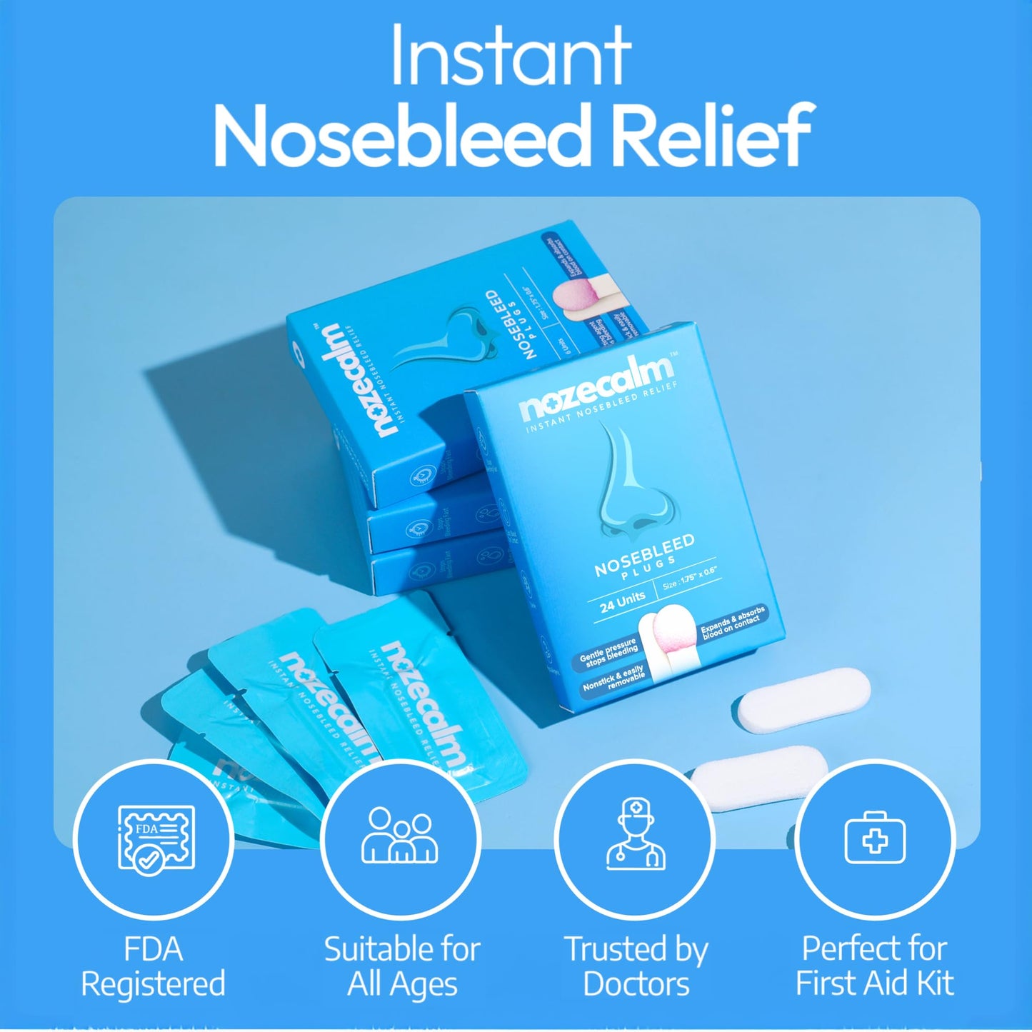 NozeCalm Nose Bleed Stopper - Nasal Plugs for Kids, Adults & Seniors, Instant-Acting Non-Stick Plugs - Disposable Zero-Chemical Bloody Nose Solution for Emergency Supplies & Travel - 24 Counts