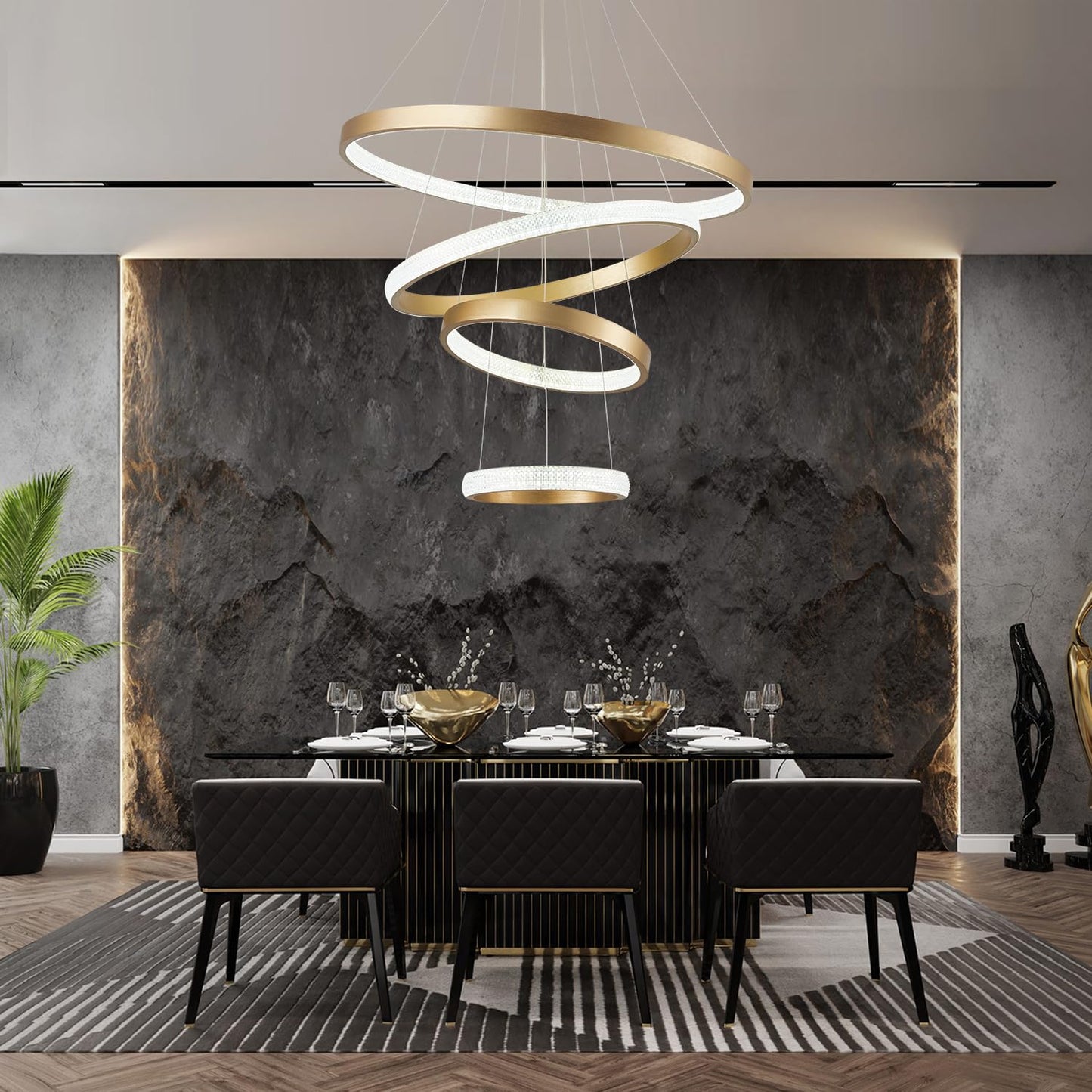 Gold Crystal Chandelier 4 Ring Modern Led Crystal Chandelier Light Fixture Ceiling Hanging stylish Large 31.5 Inch Dimmable Modern Ceiling Light Fixtures Led Pendant Lighting With Remote Control