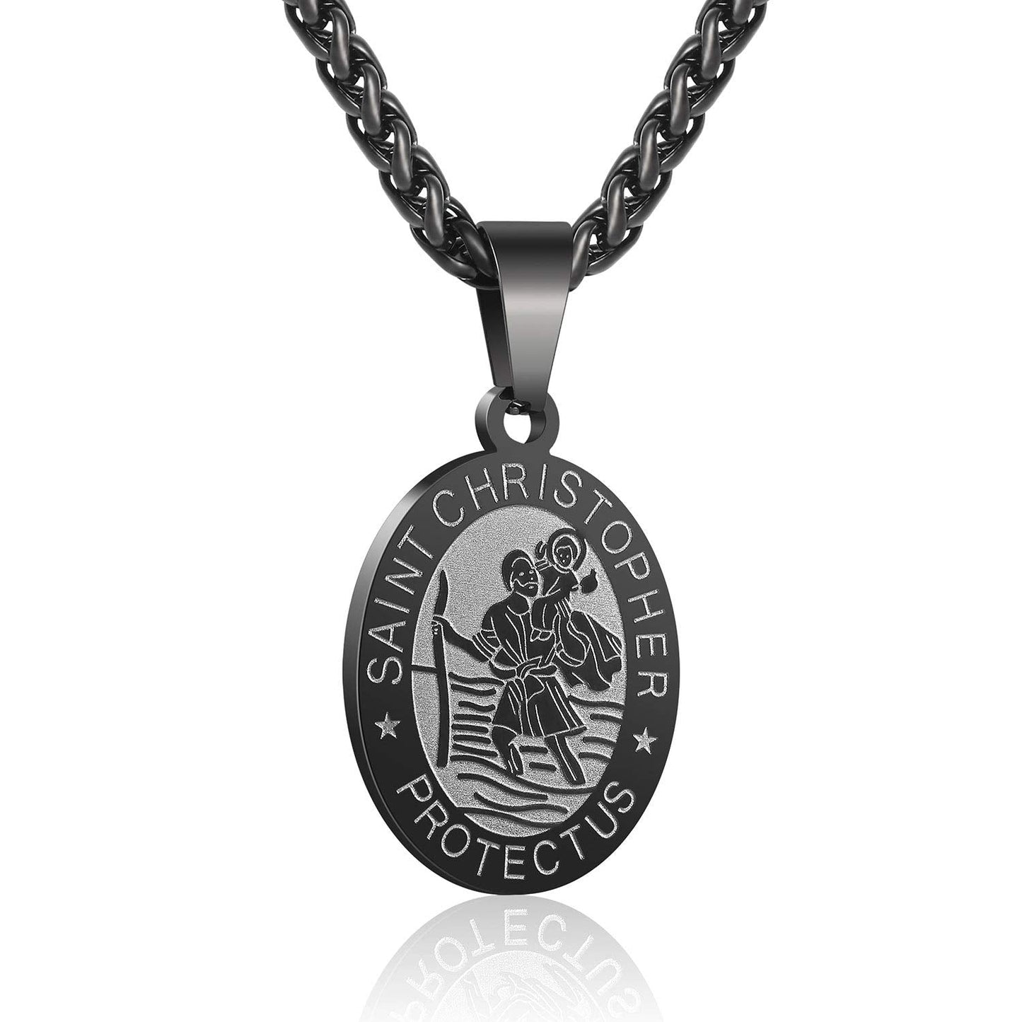 P. BLAKE Saint Christopher Medal Necklace for Men Teen Boys, Black St Christopher Pendant Chain Catholic Religious Jewelry First